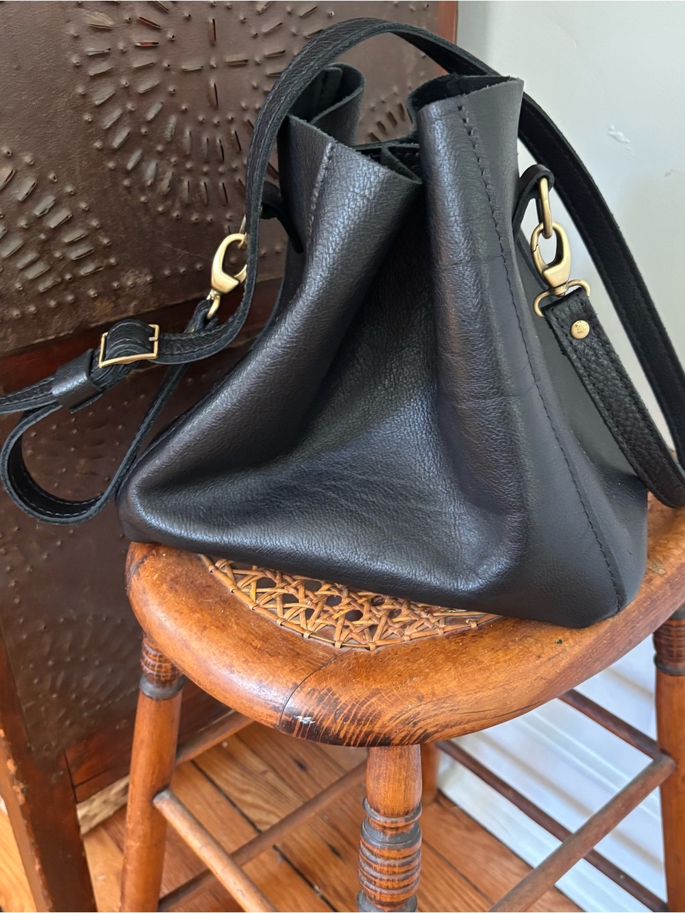 Portland Leather Black Shoulder Bag with Gold Hardware